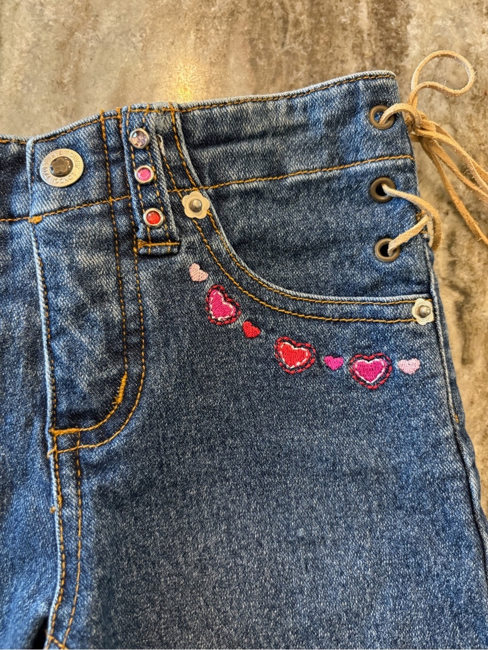 Y2K Kids Denim Pants with Pink & Red Heart Embroidery - Picture 2 of 10